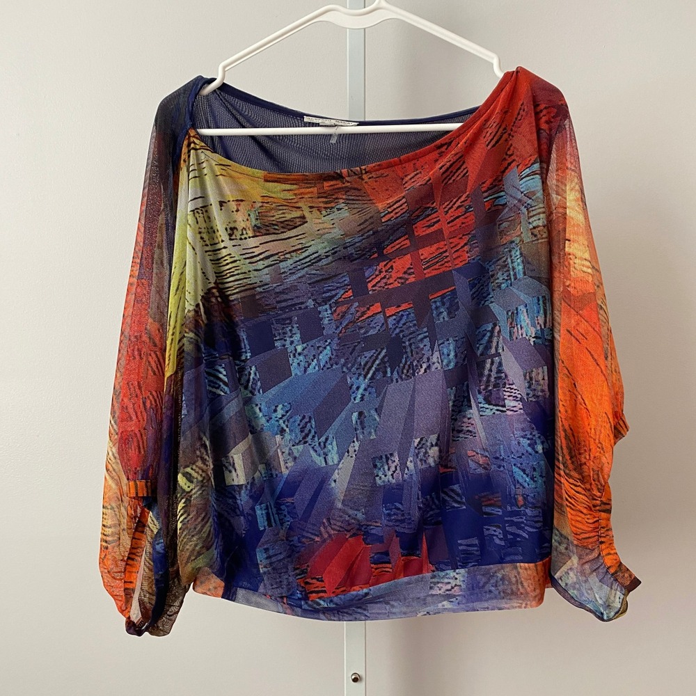 Alberto Makali XL Multicolor Mesh Top Abstract Geometric Sheer Blouse Artistic